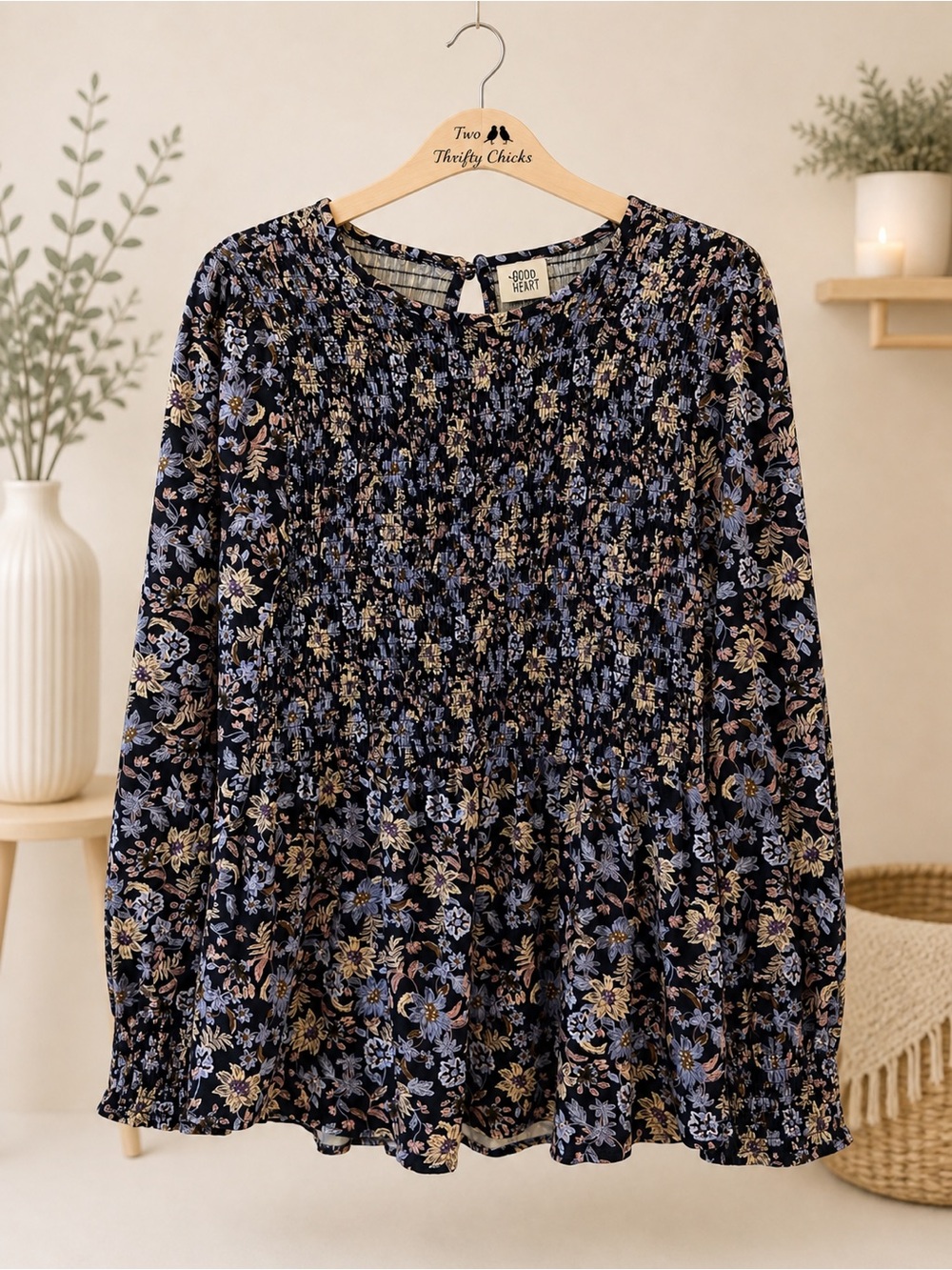 Good Heart Floral Smocked Blouse in Navy Floral | Size S | EUC